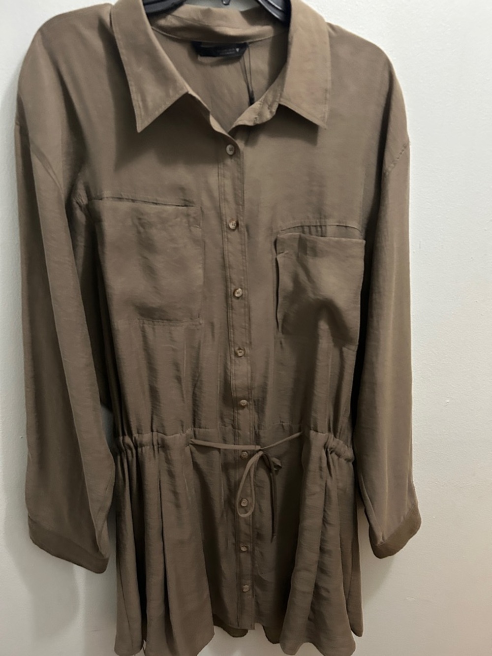 Button-Front Brown Shirt Dress with Drawstring Waist or jacket - Picture 3 of 7
